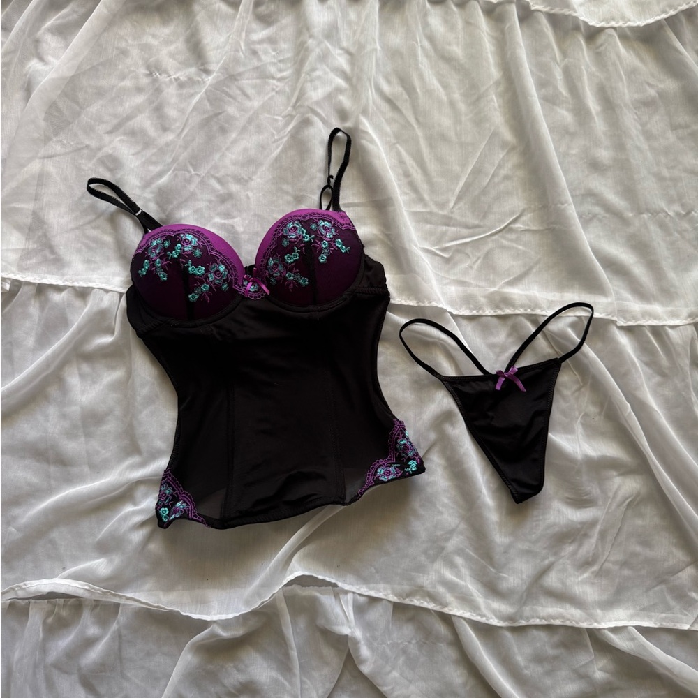 Y2K Whimsigoth Lingerie Set, Per Lei Floral Embroidered Bustier + G-string Thong